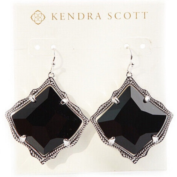NEW Kendra Scott SILVER Framed Kirsten Black Glass Drop Earrings w/ Dust Bag - Picture 1 of 9
